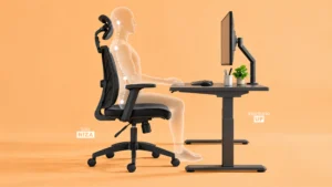 Mujer sentada en una silla ergonómica frente a un escritorio, con puntos de apoyo en cuello y espalda.