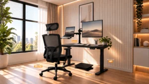 Oficina moderna con silla ergonómica Delphi, escritorio regulable UP, soporte para monitor L624 y reposapiés Basic.