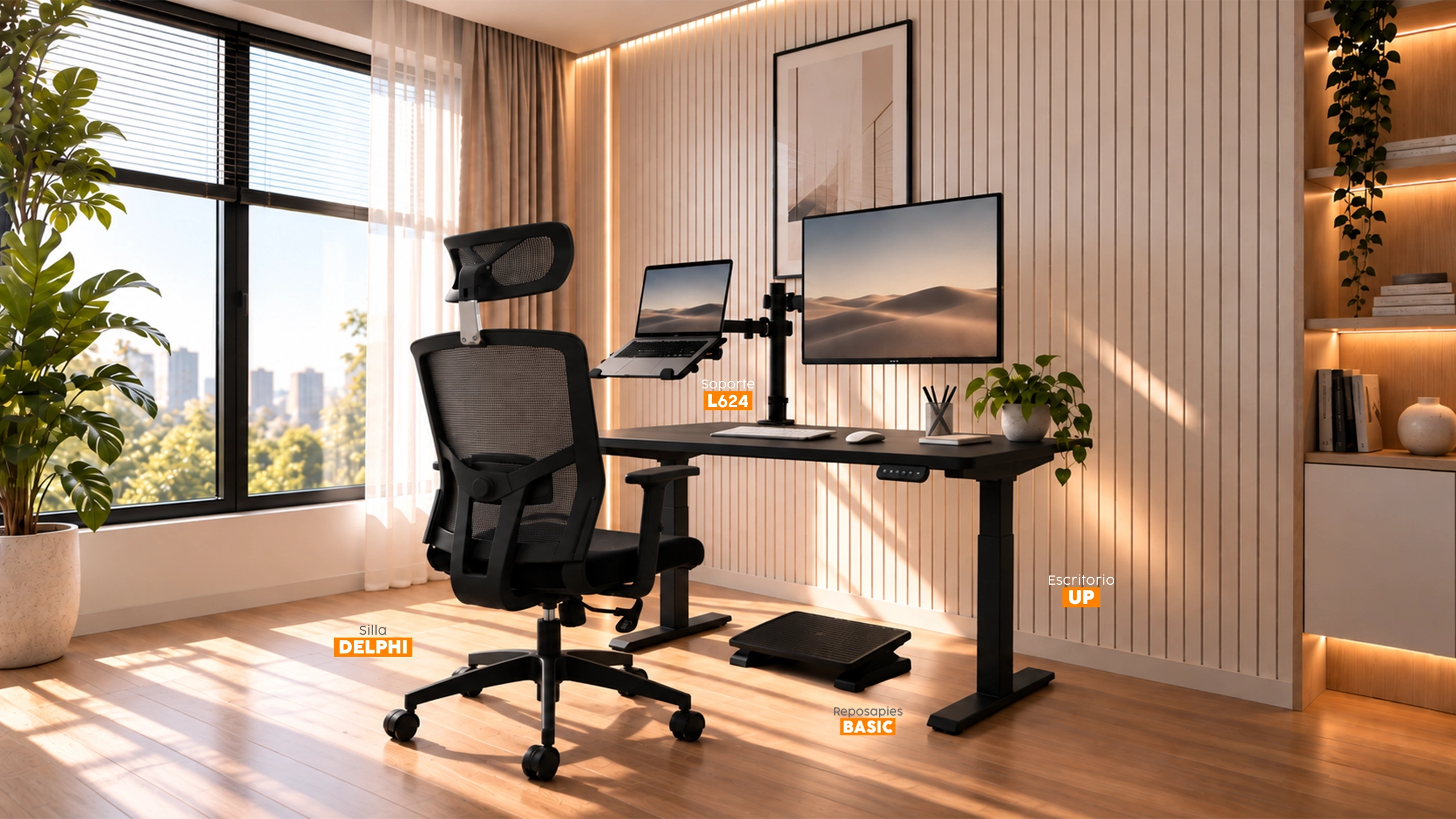 Oficina moderna con silla ergonómica Delphi, escritorio regulable UP, soporte para monitor L624 y reposapiés Basic.